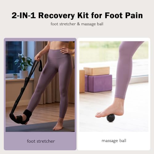 Plantar Fasciitis Night Splint Stretcher, Foot and Calf Streching Strap for Heel Spurs, Foot Drop, Achilles Tendonitis & Hamstring, Yoga Foot & Leg Stretch Strap with Black Massage Ball