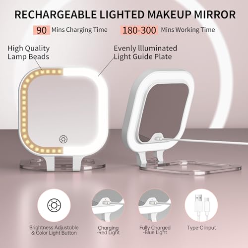FUNTOUCH Travel Makeup Mirror, Portable Rechargeable Mirror with Lights White-c