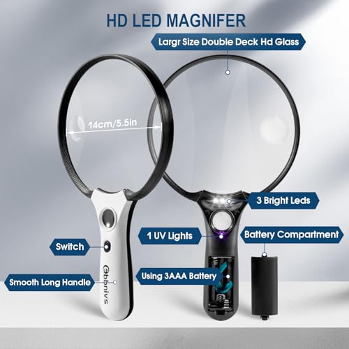 Large Magnifying Glass with Light, Magnifier Handheld Illuminated Lighted Magnifier with 3 LED Lights 1 UV Light Storage Bag Clean Cloth for Seniors Reading Inspection Black