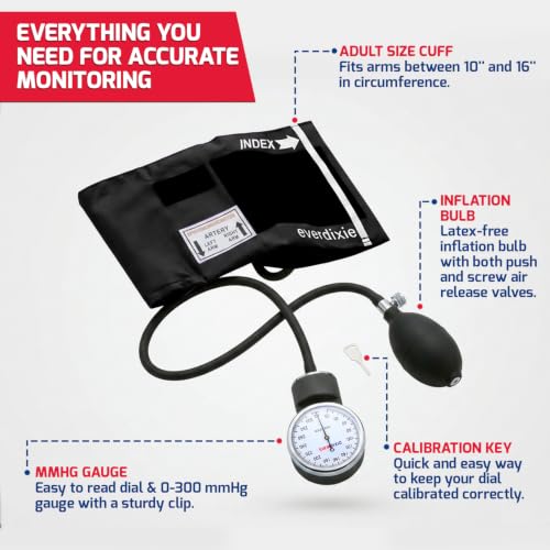 Dixie EMS Deluxe Aneroid Sphygmomanometer Blood Pressure Set W/Adult Cuff, Carrying Case and Calibration Tool - Black 1 Count