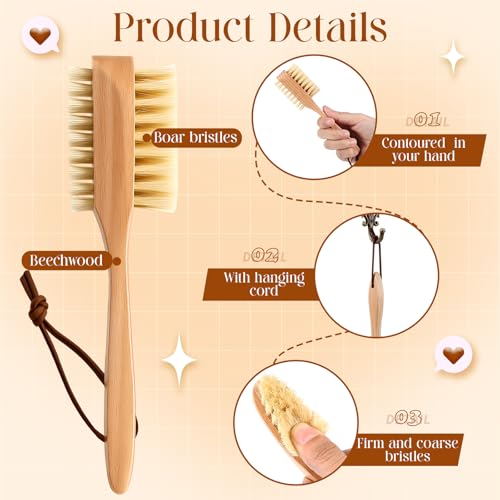 2 Pcs Wooden Nail Brush with Boar Bristles, Double Sided Scrub