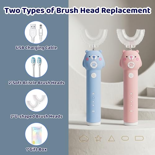 Kids Electric Toothbrush, with 4 Cleaning Modes, with 4 Brush Heads, Toddler U Shaped Toothbrush with 2 Soft Brush Head，Cartoon Bear 360-Degree Cleaning IPX7 Waterproof Design (Ages 2-16) Blue