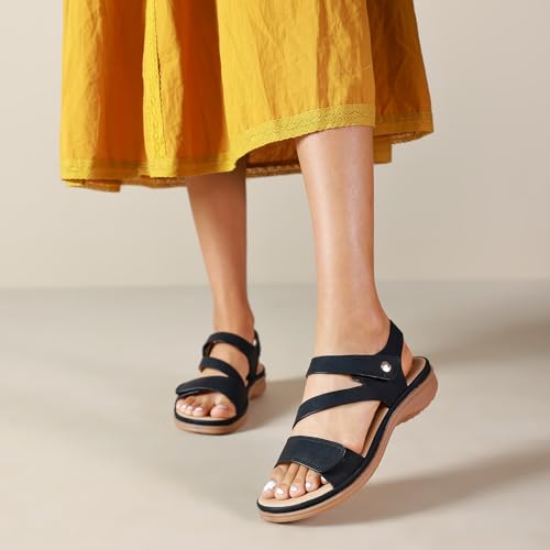 Littleplum Womens Sandals Arch Support – Comfortable Flat Sandals for Women, Summer Breathable Adjustable Orthotic Walking Shoes for Beach,Travel 8 Fashion Black