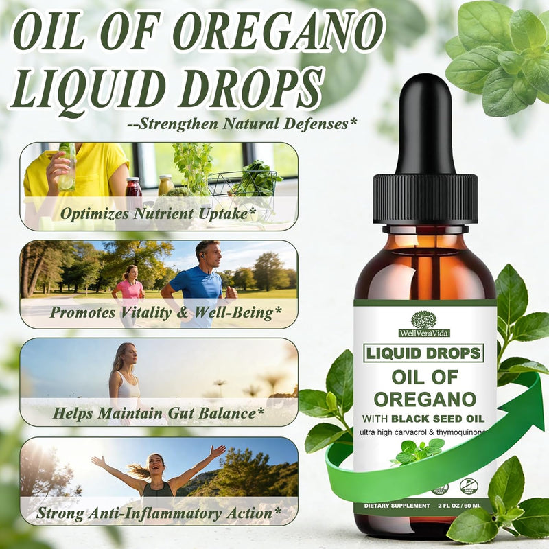 Oil of Oregano with Black Seed Oil Liquid Drops ‚Äì Wild Oregano (90% Carvacrol) and Black Currant Seed Oil ‚Äì Vegan, GMO-Free & High-Potency ‚Äì Supports Immunity, Gut Health & Wellness (Unflavored, 30mL)