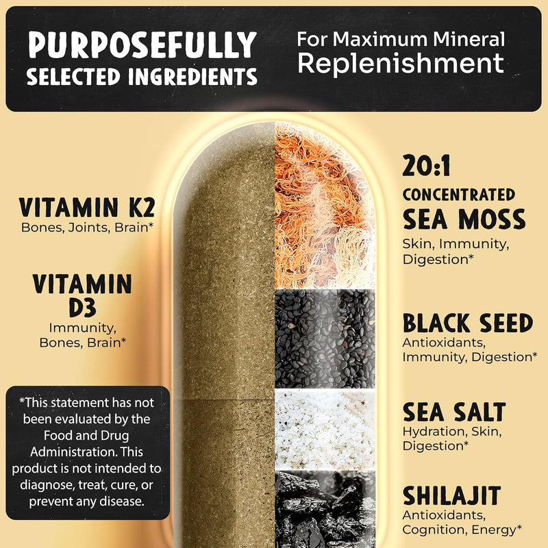 MAJU 18-in-1 Black Seed, Shilajit, Sea Moss, Celtic Sea Salt + D3 & K2, Concentrated Extracts, Trace Multi Mineral Capsules, Men & Women Electrolytes Supplements