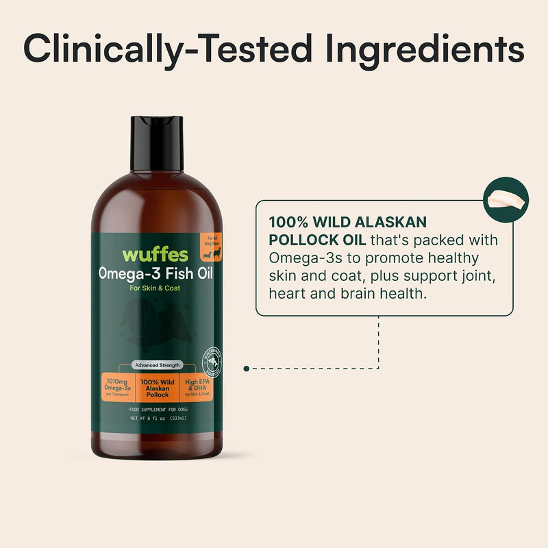 Wuffes Wild Alaskan Pollock Oil for Dogs - Natural EPA & DHA Fatty Acids, Omega 3 for Canines, Supports Healthy Skin and Coat, Joint Nutrition, and Immune System - 100% Pure Fish Oil for Pets - 8 Oz