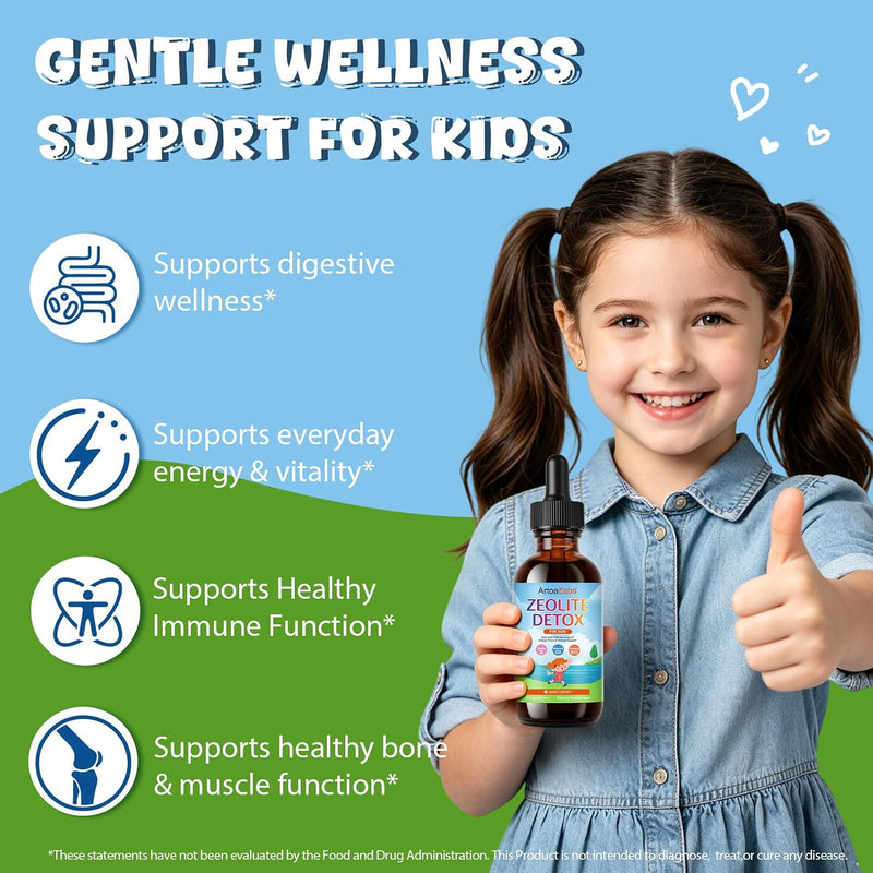 Zeolite Detox Drops for Kids - Orange Flavor, Vegan, Gluten-Free Gentle Micronized Clinoptilolite - Liquid Supplement with Vitamins B12, C & D to Clean Toxins for Children & Toddlers