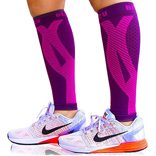 BLITZU 3 Pairs Calf Compression Sleeves for Women and Men Size S-M, One Black, Pink, Purple Calf Sleeve, Leg Compression Sleeve for Calf Pain and Shin Splints. Footless Compression Socks.