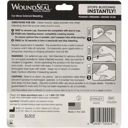 WoundSeal Powder 4 Each (Pack of 4) - Wound Care First Aid for Cuts, Scrapes and Abrasions - Stops Bleeding in Seconds Without Stitches or Bandages 4 Count (Pack of 4)