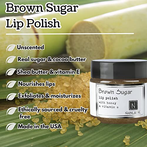 Brown Sugar Lip Polish, 1 oz by Nabila K - Hydrating Lip Exfoliator & Moisturizer with Honey and Vitamin E for Dry and Chapped Lips - Cruelty-Free, Real Sugar, Made in USA Brown Sugar