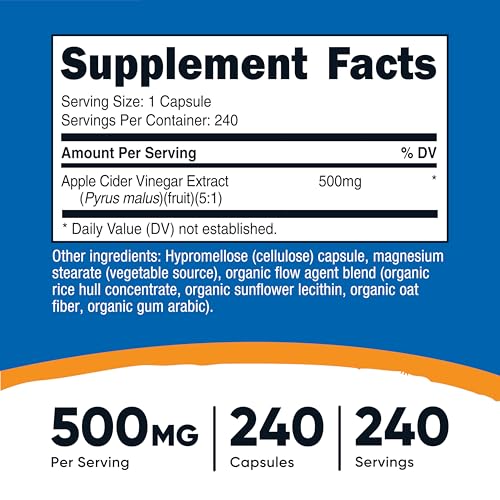 Nutricost Apple Cider Vinegar Capsules 500mg, 240 Vegetarian Capsules 240 Count (Pack of 1)