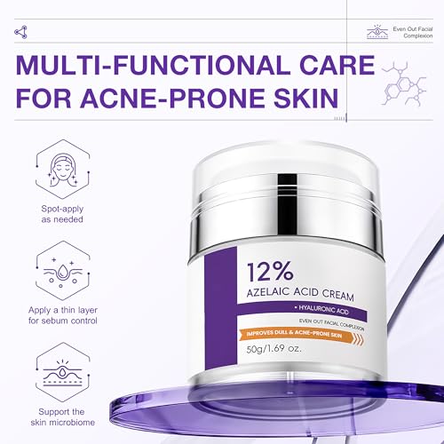 12% Azelaic Acid Cream for Face，Acne Cream，Azelaic Acid Serum for Acne & Post-Acne Marks，Fades Acne Scars & Soothes Skin，Regulates Sebum Production，Suitable for Oily & Acne-prone Skin Care，1.69 OZ