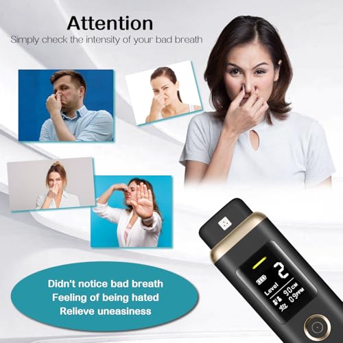 Bad Breath Checker Professional Oral Odor Monitor Smart Bad Breath Tester, 32-bit CPU Precise MEMS Sensor Auto Calibration Rechargeable Halimeter for Oral Hygiene Check Black