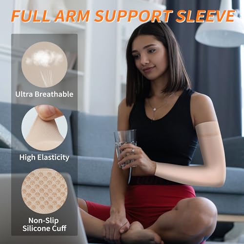 Hiball Lymphedema Medical Compression Arm Sleeve for Men Women, 20-30 mmHg Graduated Compression Full Arm Support with Silicone Band, Long Circulation Pressure Arm Brace for Arthritis, Bursitis, Edema Beige (Single) Large