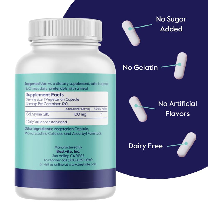 BESTVITE CoQ10 100mg (240 Vegetarian Caps) (120x2) Naturally Fermented | No Stearates - Vegan - Gluten Free - Coenzyme Q10 Supplement - Antioxidant for Heart & Energy Support* - Easy to Swallow Caps 1 Count (Pack of 240)