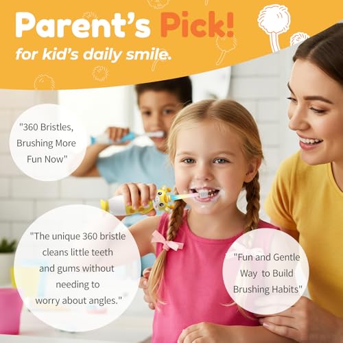 Toddler Electric Toothbrush, Baby Ages 3+ Battery Powered with Unique 360 Brush Head, Gentle Soft Bristles with Timer and LED Light, Vibrating Kids Toothbrush for Girls Boys (Giraffe) Yellow