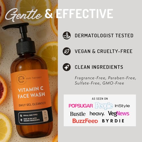 Eve Hansen Vitamin C Cleanser Face Wash - HUGE 8 oz Gentle Facial Cleansing Gel for Uneven Skin Tone, Age Spots and Fine Lines - Natural Face Soap with Aloe Vera, Green Tea, Ginseng 8 Fl Oz (Pack of 1)