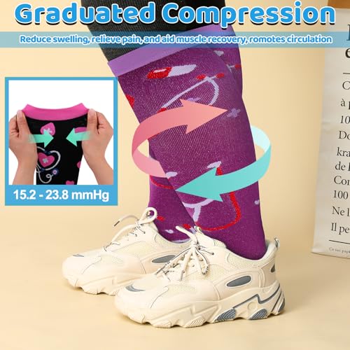 Jspupifip 6 Pairs Plus Size Compression Socks for Women, Wide Calf 3X-Large Black White Blue Pink Purple