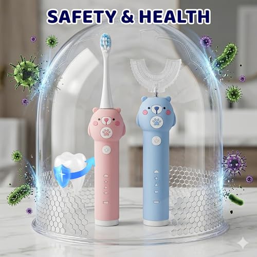 Kids Electric Toothbrush, with 4 Cleaning Modes, with 4 Brush Heads, Toddler U Shaped Toothbrush with 2 Soft Brush Head，Cartoon Bear 360-Degree Cleaning IPX7 Waterproof Design (Ages 2-16) Blue