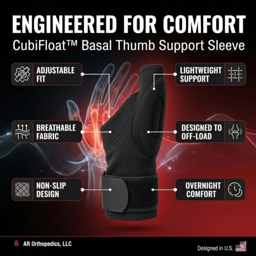 AR Orthopedics Basal Thumb Support Brace - Adjustable, Breathable, Non-Slip, Latex-Free Fabric for Adults - Offloads Basal Thumb Pain and Scar, Provides Padding and Support Left Black Small