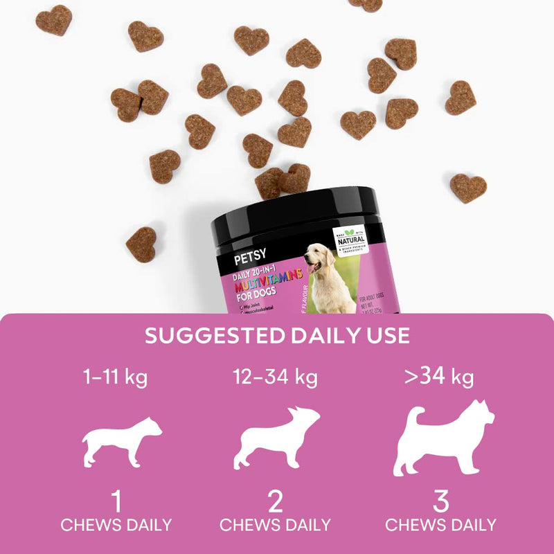 PETSY Multivitamin for Dogs – 20-in-1 Dog Multivitamin Chews with Probiotics, Glucosamine & Chondroitin with Salmon Oil, Biotin & Folic Acid | Joint, Gut, Skin & Immune Support | Natural Treats Salmon Flavour Chews