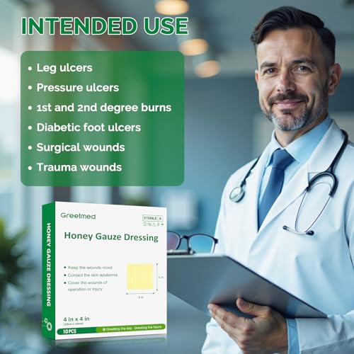 Greetmed Honey Gauze Wound Dressing 4" x 4" Medical Grade Manuka Honey Wound Care Pads Honey Bandages for 1st & 2nd-Degree Burns, Abrasions, Cuts and Scalds (Individually Pack of 10) 4“ x 4”(10 Packs)
