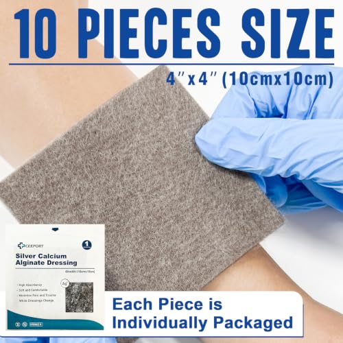 Ceeport Ag Silver Calcium Alginate Wound Dressing Pads 4 "x 4", 10 Pack Silver-4"x4"(Pack of 10)
