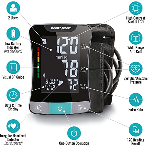 HealthSmart Digital Premium Blood Pressure Monitor with Automatic Upper Arm Cuff that Displays Blood Pressure, Pulse Rate and Irregular Heartbeat, Stores up to 120 Readings for 2 Users