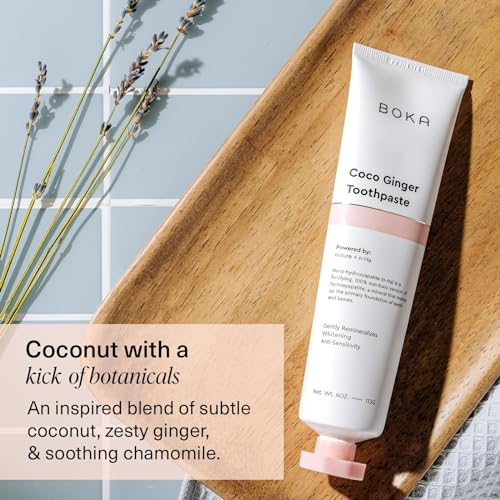 Boka Fluoride Free Toothpaste - Nano Hydroxyapatite - Coco Ginger 4oz, Classic Manual Toothbrush, Pink and Tongue Scraper for Adults & Kids with Case