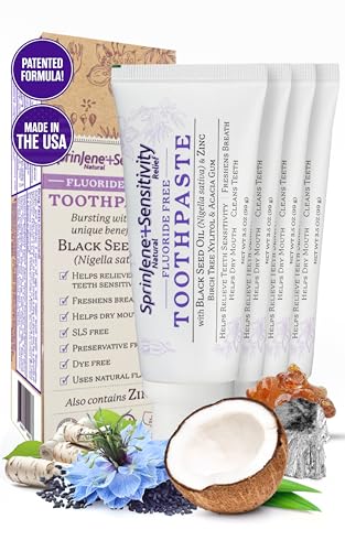 SprinJene Natural Sensitivity Relief, Fluoride Free Toothpaste for Sensitive Teeth (4 Pack) + Fluoride Free & Alcohol Free Mouthwash