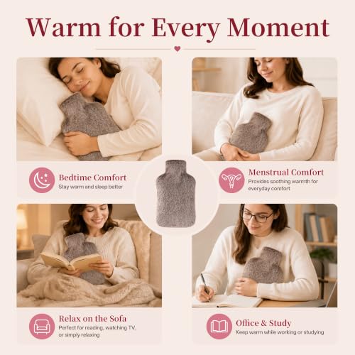 Hot Water Bottle with Luxury Cosy Faux Fur Cover, 2L Leakproof Hot Water Bag for Neck, Shoulder Pain Relief, Hot and Cold Therapies for Women,Men, Brown