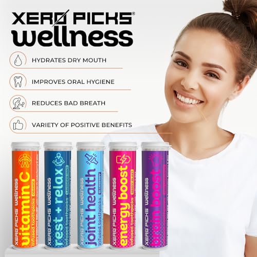 Xero Picks Wellness Flavored Toothpicks - Brain Boost, Immunity, Rest & Relax, Joint Health, and Energy Boost - 100 Picks (Variety, 5 Pack) Kosher - Sugar Free VARIETY 100 Count (Pack of 1)