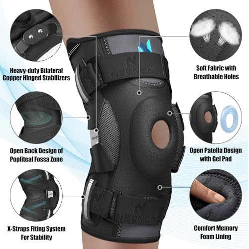 NEENCA Professional Knee Brace for Knee Pain, Hinged Knee Support with Patented X-Straps Fiting System, Strong Stability for Joint Pain Relief, Arthritis, Meniscus Tear, ACL, PCL, MCL, Sports, Workout X-Large Black-Single