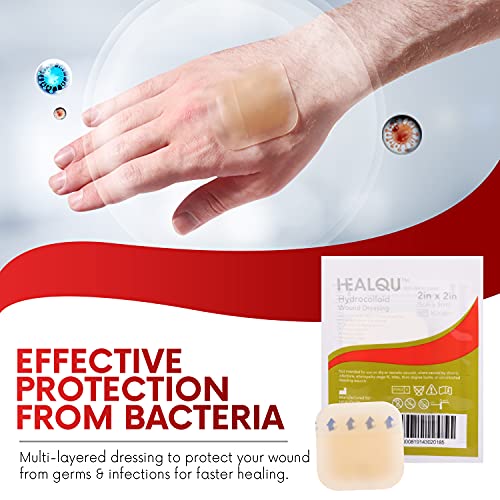 Healqu Hydrocolloid Wound Dressing - 2x2" Thin - Box of 20 Large Bandages - Sterilized Bordered Hydrocolloid Patches for Bed Sores, Abrasions, and More - Waterproof and Absorbent with Protective
