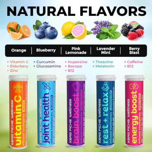 Xero Picks Wellness Flavored Toothpicks - Brain Boost, Immunity, Rest & Relax, Joint Health, and Energy Boost - 100 Picks (Variety, 5 Pack) Kosher - Sugar Free VARIETY 100 Count (Pack of 1)