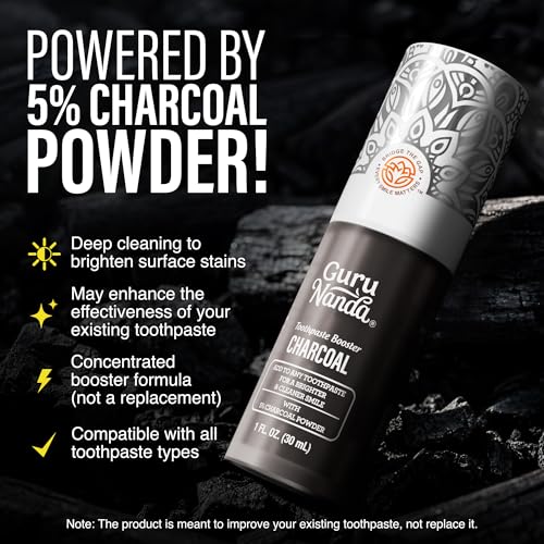 GuruNanda Charcoal Toothpaste Booster with 5% Charcoal Powder – Add to Toothpaste for Whitening, Fluoride-Free, Peroxide-Free Formula, Up to 60 Uses (Pack of 2) 1 Fl Oz (Pack of 2)