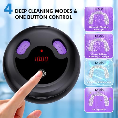 Upgraded Ultrasonic Retainer Cleaner Machine, 48kHz Ultrasonic Dentures Cleaner for Mouth Guards, Braces, Aligner, Toothbrush & Jewelry, 200ML Capacity, Black Light Black