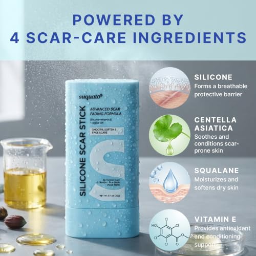 Suquato Silicone Scar Stick – Silicone Keloid Scar Removal Cream for Face & Body, Helps Improve Surgical Scars, C-Section, Acne Scars & Stretch Marks, Portable Twist Stick– 20g