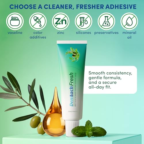 Denttach Fresh Denture Adhesive with Invigorating Mint Flavor, Petroleum Free Olive Oil Based Denture Cream for Full and Partial Dentures, All Day Hold Denture Glue, Zinc Free, 2.4 Ounce 1