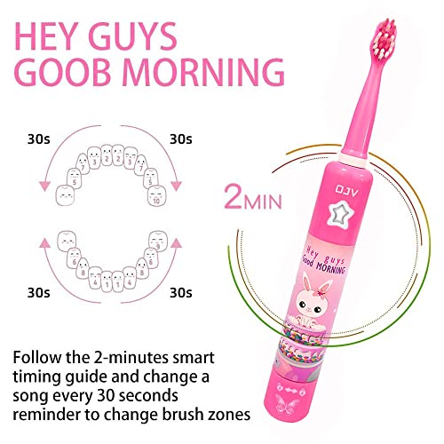 OJV 8620 Musical Electric Toothbrushes for Kids Children, 3 Modes 2 Min Timer, 6 Bristles Rechargeable Power Smart Sonic Music Play Song Toothbrush for Girls Age 3-14 with Wall Mounted Holder (Pink) Pink