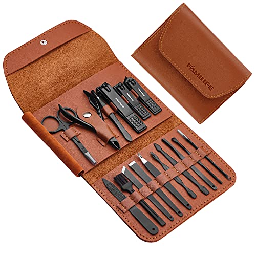FAMILIFE Professional Manicure Kit Nail Clippers Set 11 in 1 Stainless Steel Pedicure Tools Kit Grooming Kit and 16pcs Gifts for Men Stainless Steel Portable Brown Leather Nail Kit Mens Gifts