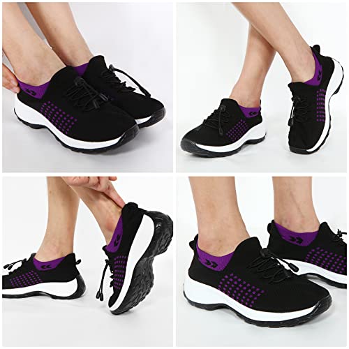 Women's Orthopedic Comfort Walking Shoes, Cushioned Stretch Sneakers 8.5 Black-purple
