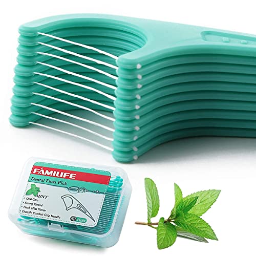 FAMILIFE Floss Picks Mint Dental Floss Picks with 4 Travel Handy Cases 240 Count Flossers and 240 Picks Threader Flosser with 4 Travel Cases