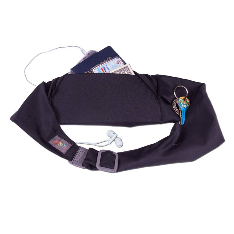 BANDI Running Belt for Women – Waist Fanny Pack Hands Free Way to Carry Phone, Passport, Keys, ID, Money & Everyday Essentials Made in the USA Black Solid Pocketed Belt (28"-42")