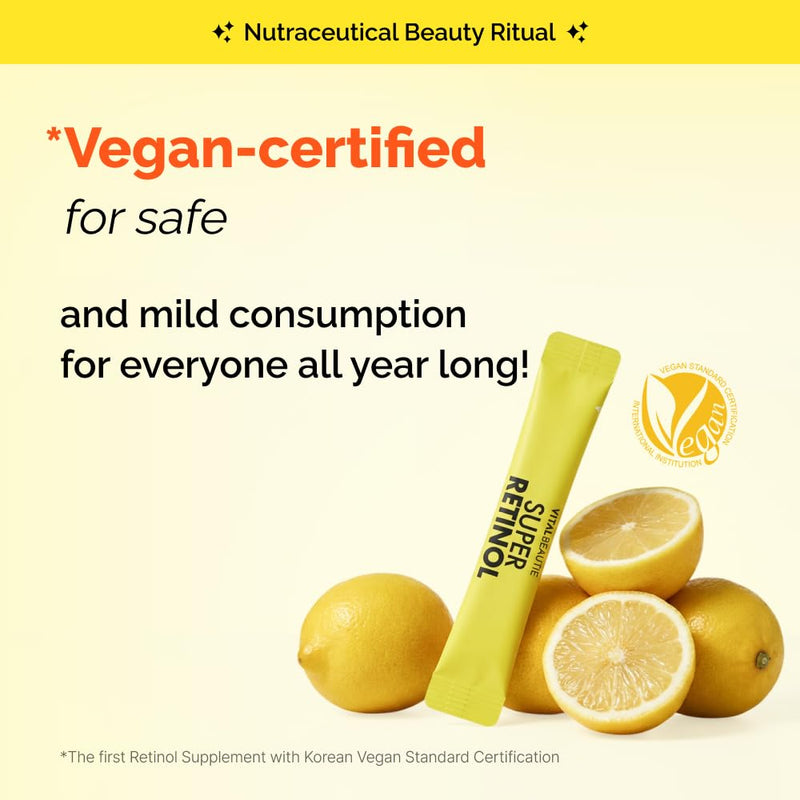 VITALBEAUTIE Super Retinol - Ingestible Liposomal Retinol & Vitamin C 1000mg Powder - Vegan K-Beauty Skin Supplement for Radiant Glass Skin & Tone, Dark Spot Care, 30 Packets