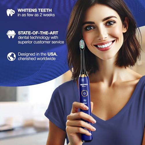 Wagner Stern The Sapphire Blue Edition ultrasonic whitening Electric Toothbrush Features Five Brushing Modes, Eight Soft Brush Heads, and a Premium Travel case.