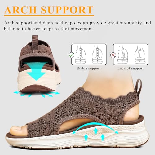 Womens Orthopedic Walking Sandals Arch Support Comfort Slip-On Sport Sandals Open-Toe Athletic Sandals for Plantar Fasciitis Summer Beach Casual 8 Mocha
