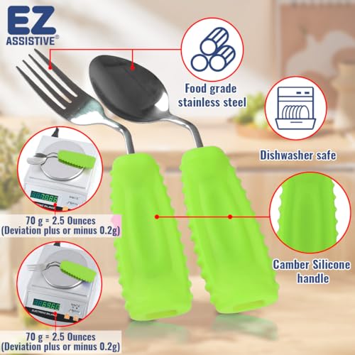 EZ Assistive Adaptive Weighted Utensils Set – Spoon and Fork for Hand Tremors, Parkinson’s, Elderly, and Arthritis – Adaptive Eating Utensils for Weak Grip and Limited Mobility Right Hand - 1 Set Green Spoon and Fork