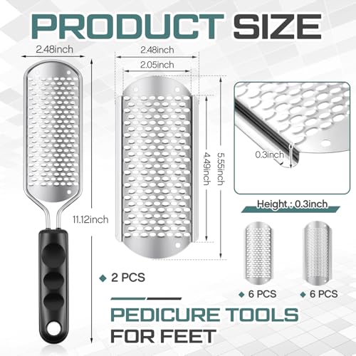 Moxweyeni 14 Pack Colossal Foot File Pedicure Tools Sets with 2 Styles Large and Small Hole Replacement Callus Remover Blades, Stainless Steel Detachable Pedicure Foot Rasp for Dead Skin Remover Silver