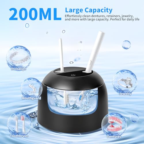 Ultrasonic Retainer Cleaner Machine, 45kHz Dental Ultrasonic Cleaner for Denture, Mouth Guard, Aligner, Braces, Toothbrush Heads, Jewelry, 5 Modes Cleaning, Digital Timer & 200ML Capacity Black
